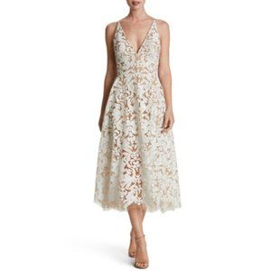 Dress the Population Dress Womens Sz S Blair Lace MiDi White Nude Msrp $269